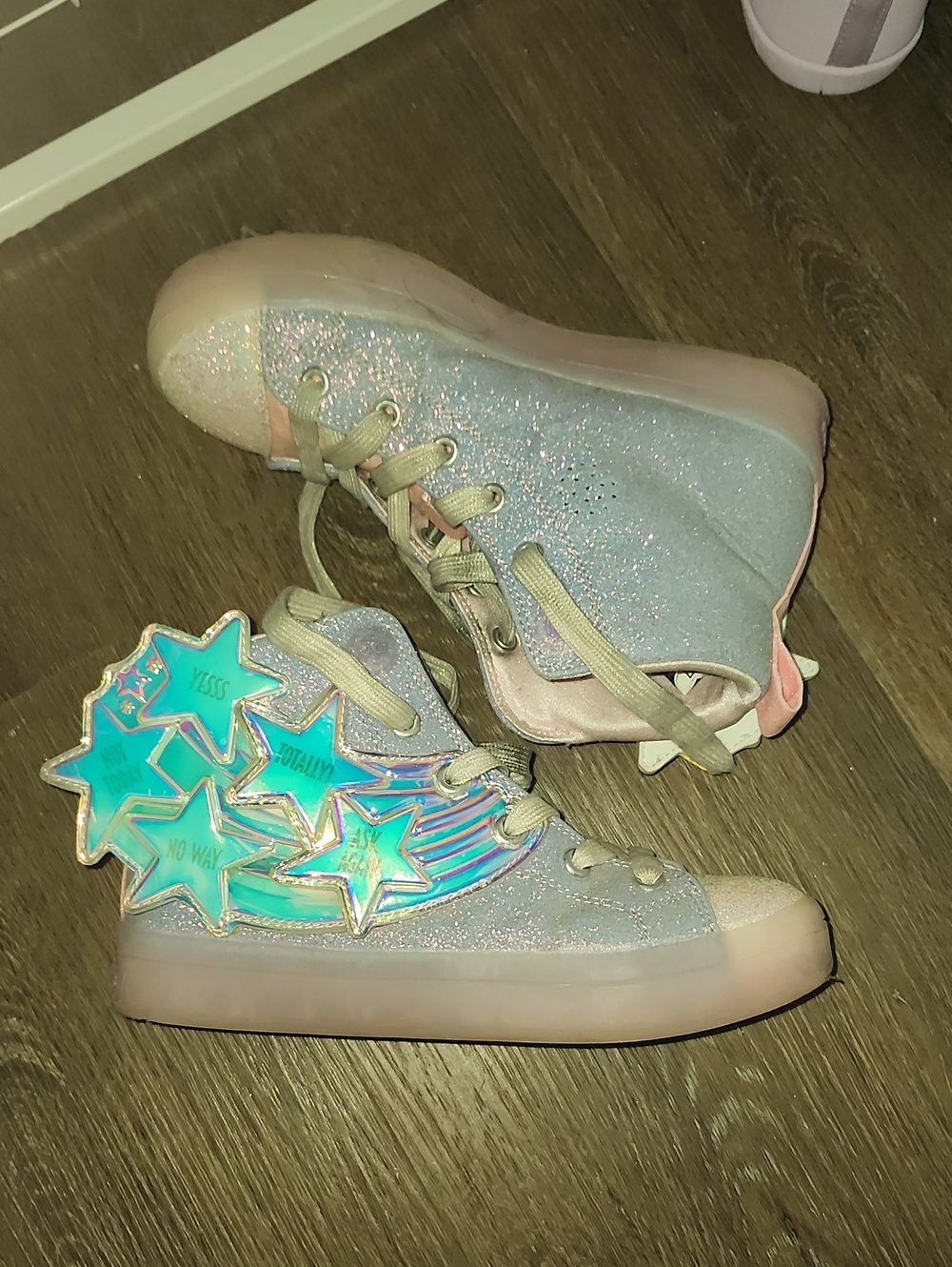 Kids Glitter High-Top Sneakers with Iridescent Star Accents - Pink/Blue